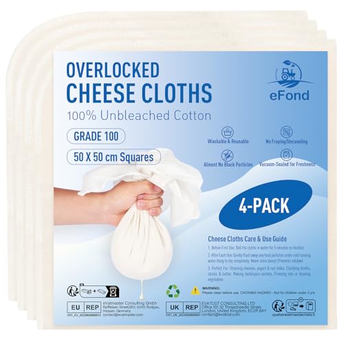 eFond Passiertuch Käsetuch Mulltuch - 4 Stück, 50x50cm Quadrate mit Overlock-Saum - Grade 100 Ultrafeinmaschig zum Abseihen von Butter, Nussmilch, Joghurt - Cheesecloth, Seihtuch für Kochen und Braten