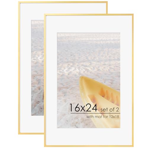 FLYJOE 16x24 Frame | 16x24 Gold Frame With Mat For 12x18 | Metal Aluminum Picture Frame With Tempered Glass | Minimalist Modern Poster Frame | Hanging Hardware Included | Gold
