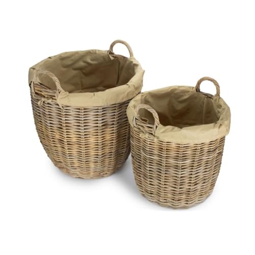 Set mit 2 hohen runden Kaminholzkörben aus grauem Rattan mit...