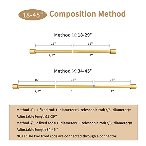 Zyrw Single Curtain Rods For Windows 18 To 45 Inches (1.5-3.75 Feet), 1 Inch Diameter Adjustable Heavy Duty Modern Window Curtain Rods With End Cap Finials, Gold #TOP4
