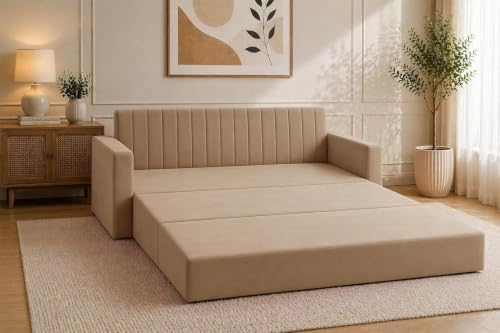 Image of Modern Velvet Three Seater Sofa Cum Bed with Armrest, Convertible Sleeper Couch Sofa for Living Room, Bedroom & Office - Golden