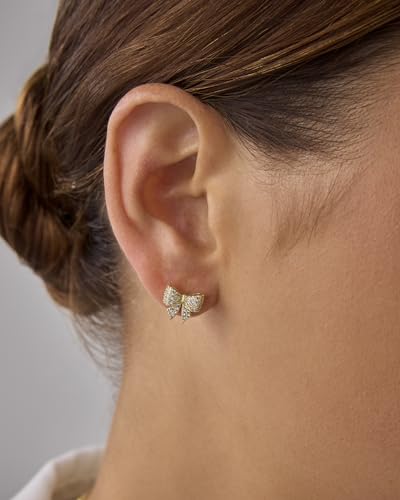 PAVOI 14K Gold Plated Dainty Flat Back Earrings for Women - Hypoallergenic Sterling Silver Posts Helix Cartilage Piercing Jewelry - Emoji Motif Bow Celestial Flatback Gold Stud Earrings Screw Back2