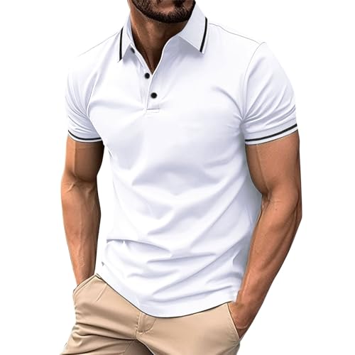 Polo de manga corta para hombre, de ajuste regular, con botones, cuello acanalado, para golf, a la moda, informal, para tenis, verano, talla grande, blanco, M