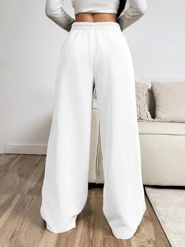 Image of Women's Trendy Korean Trouser with Pockets, Casual Corduroy Stretchable Baggy Loose || High Rise Elastic Waist Going Out Lounge Pants || Wide Leg Pants for Woman