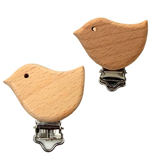 Image of 20pcs Natural Wood Suspender Pacifier Clips Cute Beech Wooden Animal Bird Shape Clips Charm DIY Beading Pacifier Chain Accessory