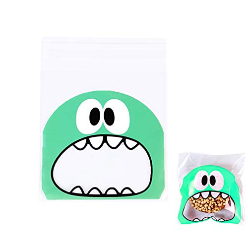Ketamyy 300 Pièces Sacs de Biscuits Rescellables Auto-Adhésifs Motif de Monstre Sachets Cellophane Transparents Chocolat Bonbons Biscuits Alimentaire Sacs Cadeau Fête Cuisson Vert Clair Cover