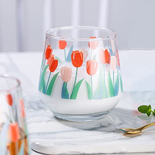 Ryuhyf Hand Blown Glass,Hand Painted Glass,Tea Cup,Juice Cup,Wine Cup,Set Of 1(Tulips) #TOP2