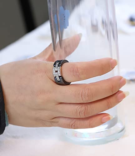 Ceramic Wedding Band Ring for Women Stackable Rings, Polished Ceramic with Stainless Steel & Zirconia Patchwork (8mm-Black, 7)3