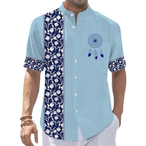 Men's Ethnic Button Down Shirt, Ethnic Print Hawaiian Short Sleeve Retro Casual Stand Collar Shirt with Pocket