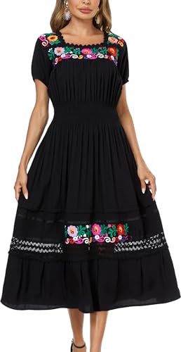 Image of Women's Summer Maxi Dress Casual Floral Embroidered Round Neck Short Sleeve Ruffle Tiered Dress Flowy Boho Beach Sundress