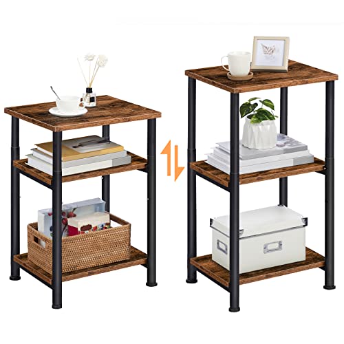 HOOBRO Side Table, Height-Adjustable Nightstand with Storage Shelves, 3-Tier Tall Industrial End Table, Coffee Table, for Living Room, Bedroom, Study, Solid Structure, Rustic Brown BF65BZ01 - Image 6