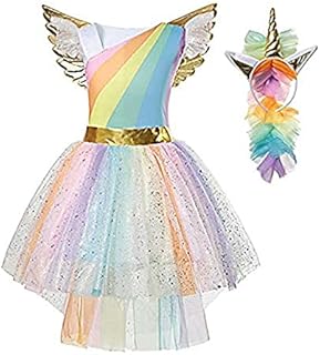 Girls Unicorn Costume Party Princess Dress Up Outfit with Unicorn Headband and Wings for Birthday, Fairy, Halloween and Festival Costumes