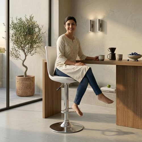 Image of activa Rapid Bar Stool Chair with Height Adjustable Design, Padded Seat & Footrest | Modern Metal Counter Stool for Kitchen, Home, Bar & Cafe Seating | Durable Comfort Chair (White, Set 1)