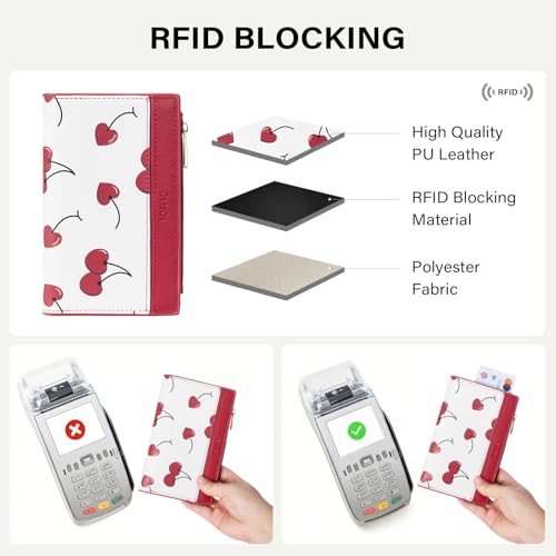 Image of CLUCI Small Wallet for Women PU Leather RFID Wallet Blocking Designer Bifold Ladies Wallet Card Holder Cherry Print