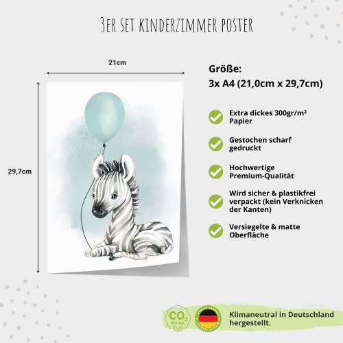 MeinBaby123® Obrazy do pokoju dziecięcego, zestaw 3 plakatów DIN A4, obrazy ścienne, do pokoju dziecięcego, dekoracyjne obrazy do pokoju dziecięcego, dla dziewcząt i chłopców, plakat ścienny premium (zebra i balon miętowy)