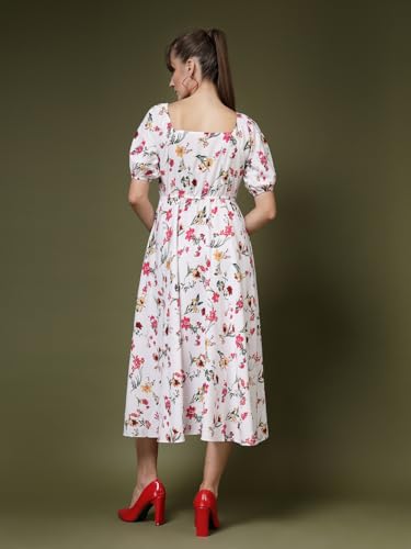 Image of OOMPH! Below Knee Shift Pink Dress in Crepe Fabric with Round Neck and Puff Sleeves - md619l