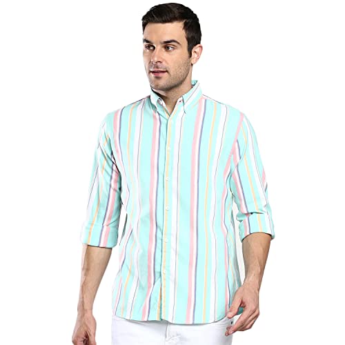 Image of Dennis Lingo Men's Striped Slim Fit Oxford Cotton Casual Shirt with Button Down Collar & Full Sleeves