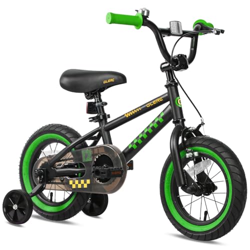 Glerc NuNu Kids Bike, 12 Inch Boys Bike for 2-4 Years Old Children, BMX Style Toddler Bicycle with Training Wheels & Coaster Brake, Black and Green