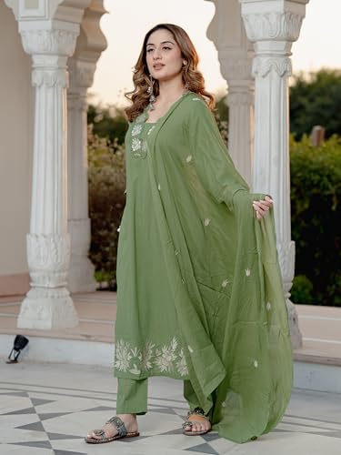 Image of Arayna Women's Pure Cotton Embroidered Kurta Pant Dupatta Set | Straight Kurta with Floral Embroidery | Ethnic Suit Set for Women