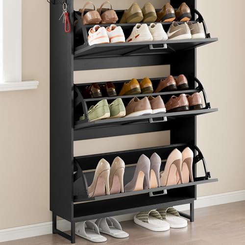 Image of BORNOON Shoe Cabinet with 3 Flip Drawers Narrow Shoe Storage Cabinet Organizer Wooden Freestanding Shoe Rack Hidden Slim Shoes Storage Cabinet for Entryway, Hallway, Living Room, Bedroom