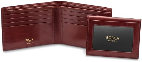 Bosca Men's Italian Leather Bifold Wallet with Removable ID Passcase, RFID Blocking, 8 Card Slots, and Divided Currency Well - Made in Italy, Dark Brown