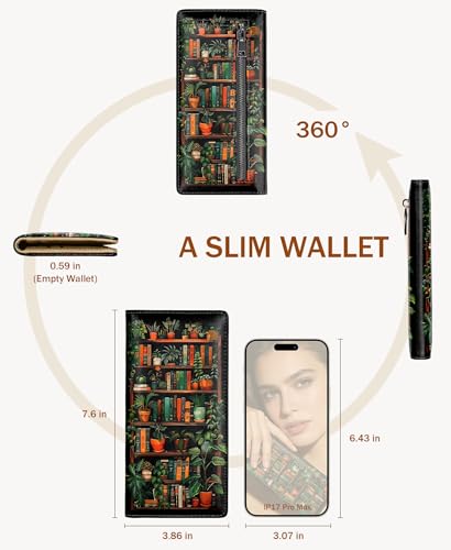 Image of Immaturus Womens Wallet, Black Bookshelf Slim Thin RFID Blocking Credit Card Wallets, Long Bifold PU Leather Card Holder Organizer, Cute Cash Clutch Billfold with Zipper Coin Pocket Ladies Girls Gift