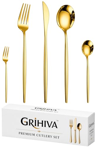 Image of 5 Pcs Gold Cutlery Set for Dining Table the Perfect Lightweight Silim Handle Tableware Including Dinner Spoon, Dinner Fork, Dinner Knife, Dessert Spoon & Dessert Fork