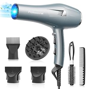 Profi Föhn Ionen Fön Haartrockner Hair Dryer Haarföhn mit 1 Diffusor 2 Stylingdüse, 3 Heiz und 2 Geschwindigkeitsstufen, 2.5 Meter langes Netzkabel, Starker Fön für Familie (blau) (blau)