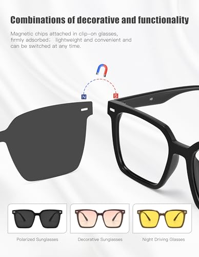Image of ZanyLen Magnetic Clip On Sunglasses for Men /Women Polarized UV Protection Night Driving Sunglasses Square Blue Light Glasses