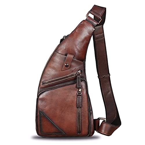 Genuine Leather Sling Bag For Men Vintage Handmade Crossbody Daypack Hiking Backpack Retro Crossbody Shoulder Bag (Lightcoffee) #TOP25