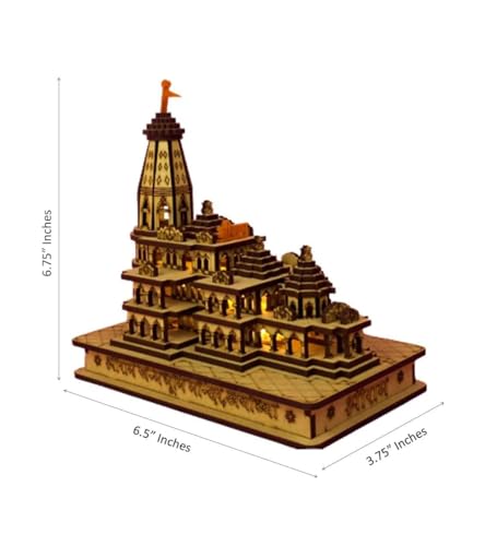 Image of eXme Ram Mandir Ayodhya Model 3D Replica Handcrafted Wooden Traditional - Intricate MDF Craftsmanship, Authentic Design with Multicolour Light, Size (6x4) inch
