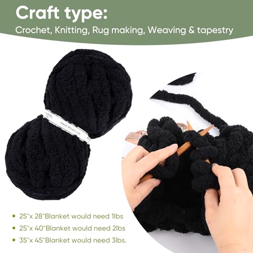 Image of 8 Jumbo Packs Chunky Chenille Yarn for Crocheting, 31.7 yds, 8 oz Each Skein Bulky Thick Fluffy Yarn for Knitting, Super Bulky Chunky Yarn for Hand Knitting Blanket, Soft Plush - Black