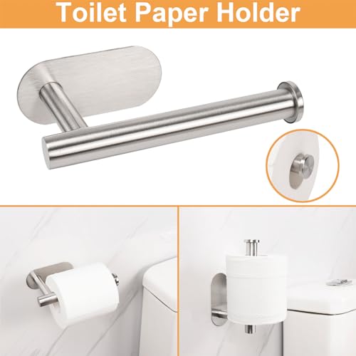 TocTen 5 Pieces Self Adhesive Towel Bar Set, Stainless Steel Bathroom Hardware Set Include Adjustable Towel Rack, Toilet Paper Holder, 3 Towel Hook, No Drill Bathroom Accessory Kit(Brush Nickel,24IN)