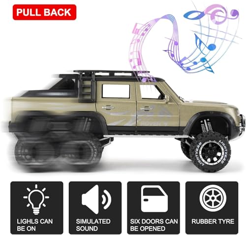 Image of 1:24 Land Rover Defender Six Wheels Off-Road Pickup Car Model, Pull Back Diecast Truck Collectible with Sounds & Lights, Gift for Kids, Boys, Girls, and Adults (Green)