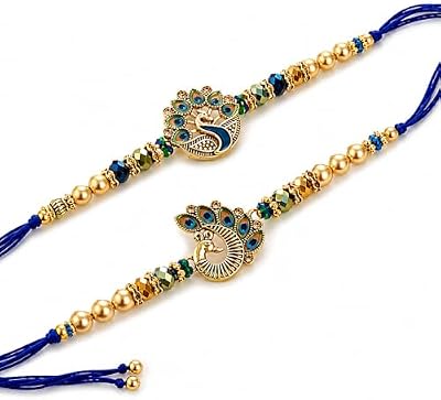TIED RIBBONS Gold Peacock Designer Rakhi for Brother (Set of 2) with Roli - Traditional Raksha Bandh...
