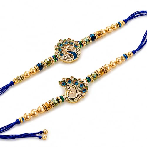 TIED RIBBONS Gold Peacock Designer Rakhi for Brother (Set of 2) with Roli - Traditional Raksha Bandhan Bracelet Gift
