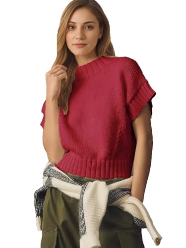 Image of Jenkoon Women's Ultra Soft Fashion Sweater Vest Mock-Neck Extended Shoulder Sweater Vest Cap Sleeve Knit Pullover