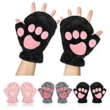 SATINIOR 3 Pairs Cute Cat Paw Gloves Fingerless Winter Fuzzy Plush Gloves for Women Cosplay Costume Accessories(Black, Grey, Pink)