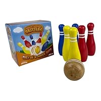 Junior Wooden Skittles Set - Traditional Garden Bowling Game for Kids and Family - Indoor & Outdoor Fun - 6 Colourful Skittles + Wooden Ball for Hours of Entertainment