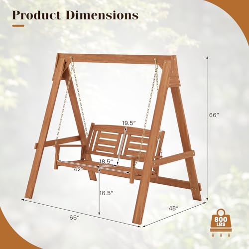 Image of Tangkula 2-Seater Porch Swing with Stand, Wood Patio Swing Loveseat Chair with Adjustable Chains, Built-in Backrest & Armrests, Outdoor Swing Bench Set for Garden, Backyard & Poolside