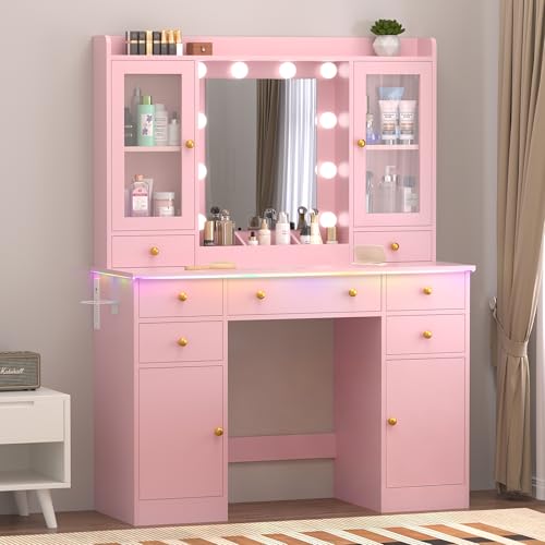 Wodeer Vanity Desk with Mirror and Lights, 43" Pink Makeup Vanity Set with 5 Drawers & Glass Cabinets, Makeup Tray, Power Outlet & Adjustable LED Lights, Dressing Table for Women & Girls Bedroom
