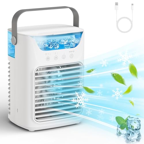 Aceshop Aire Acondicionado Portátil, 700 ml Mini Enfriador de Aire con Temporizador, 3 Velocidades de Ventilador, 2 Modos de Nebulización, 7 Colores LED Luces, Climatizador Evaporativo para Oficina