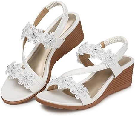 TEMOFON Wedge Sandals for Women Elastic Ankle Strap Bohemian Sandals Open Toe Flower Rhinestone Shoes White 8