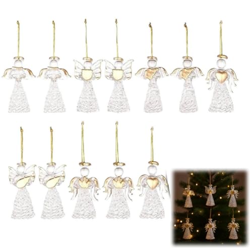 12Pack Glass Angel Ornaments for Christmas Tree,Crystal Hanging Angel Figurines Ornaments,Mini Hanging Blessing Crystal Angels Pendant for Christian Church Holiday Decor