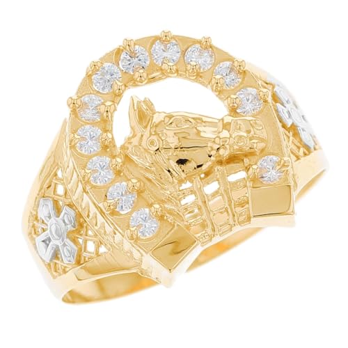 14k Two Tone Solid Gold Horse Lucky Horseshoe CZ Mens Ring