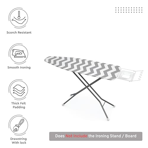 Image of Encasa XO Ironing Board Cover with 3mm Thick Felt Pad for Steam Press (Fits Standard Medium Boards of 112x34 cm) Heat Reflective, Scorch & Stain Resistant, Printed - Zig Zag