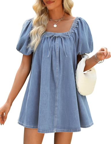 Fengbay Jeanskleid Damen Sommer,Puff Kurzarm Casual Jean Kleid Quadratischer Hals Freizeitkleid Denim Kleider mit Taschen