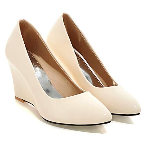 MIOKE Women's Fashion Wedge High Heel Pumps Pointed Toe Patent Leather Slip-On Comfort Chunky Dress Shoes2