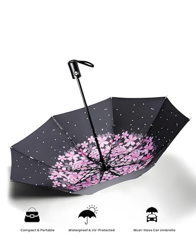 Image of SIEPASA Compact Travel Umbrella - Windproof Auto Open /Close, Small Folding Umbrella for Rain & Sun with UPF50+ - Lightweight Frame, Waterproof - Fits Backpack, Purse, Suitcase.(Pink Cherry Bossom)