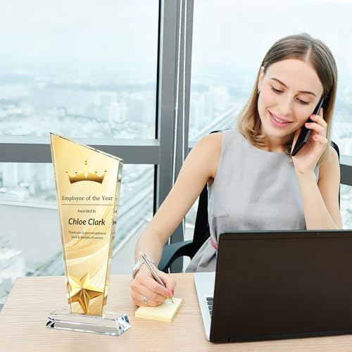Image of Custom Crystal Trophy Award Personalized Plaque Award with Text Logo Photo Awards Trophies for Employee Recognition Team Graduation Personalized Office Gifts for Boss Coworker Teacher
